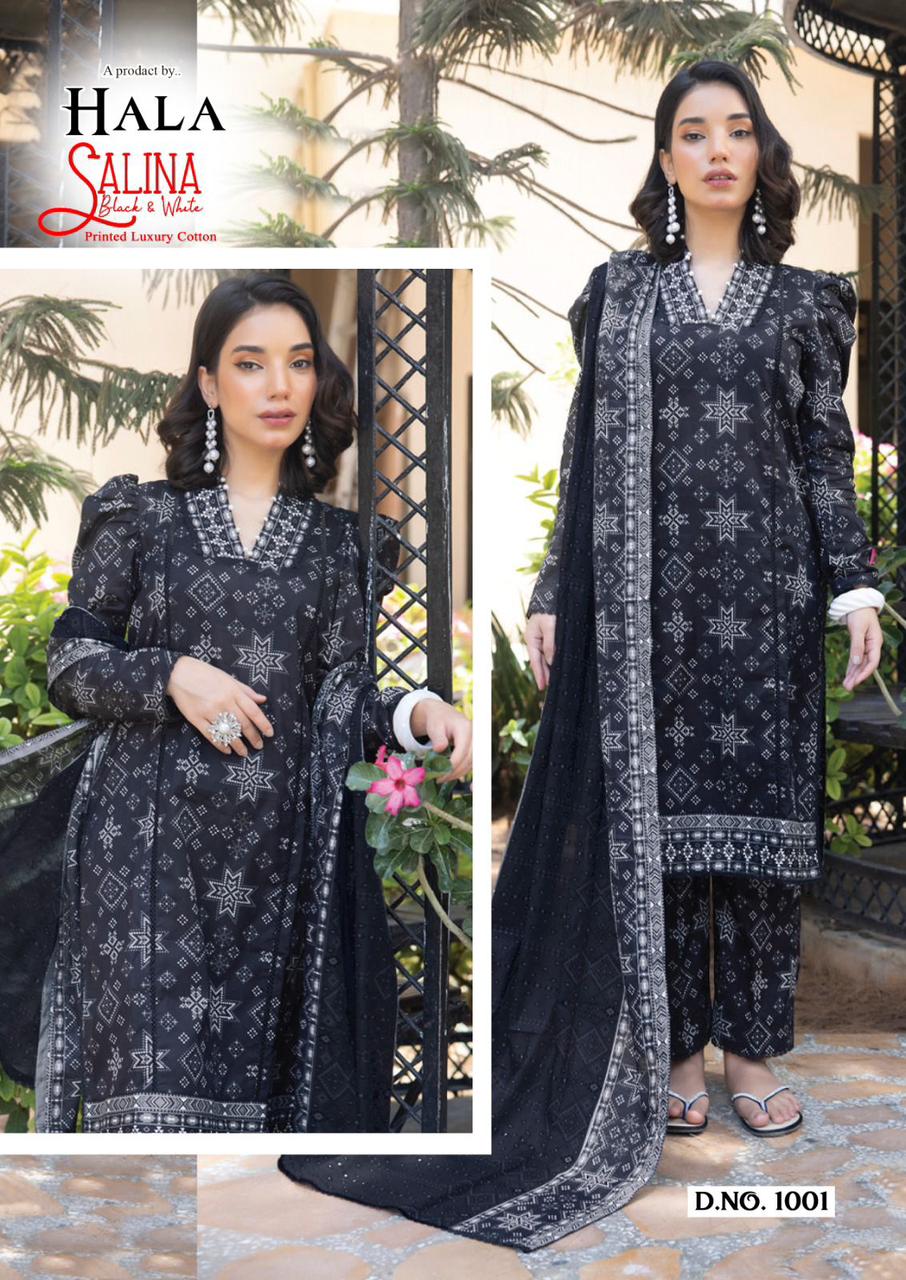 Hala Salina Black And White Cotton Dress Material Catalog
